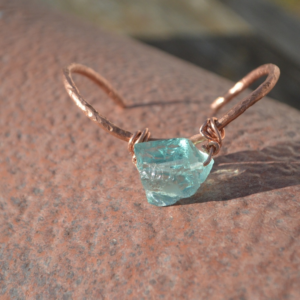 Natural Blue Sea Glass Copper Cuff Bracelet Boho Handmade wire wrapped Gift OOAK - Picture 2 of 8